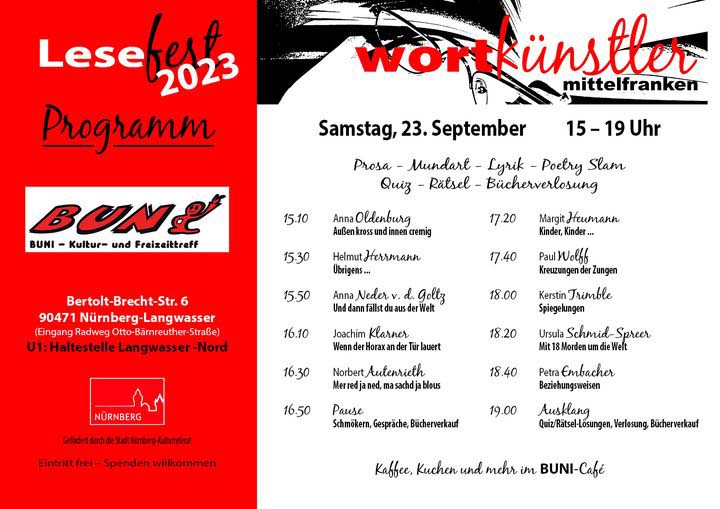 Ursula Schmidt-Spreer - Event - Lesefest der Wortkünstler</p>
<p>23. September, 14 bis 19 Uhr im Buni